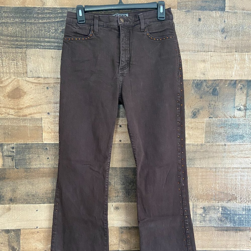 NYDJ Premium Denim Jeans Brown Rhinestone Flare High Rise Size 8P